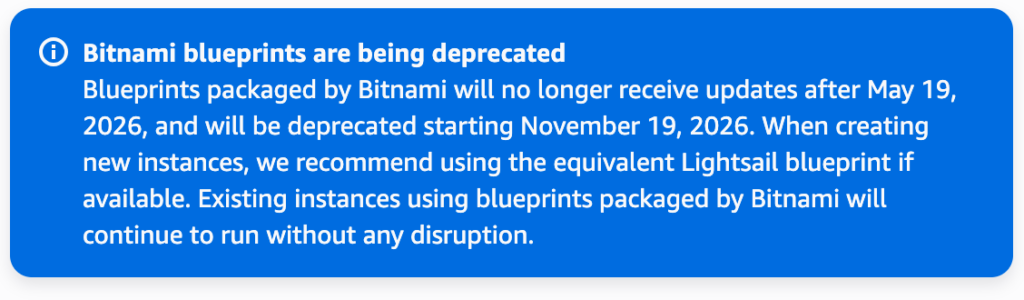 Bitnami blueprints are being deprecated - info panel from AWS