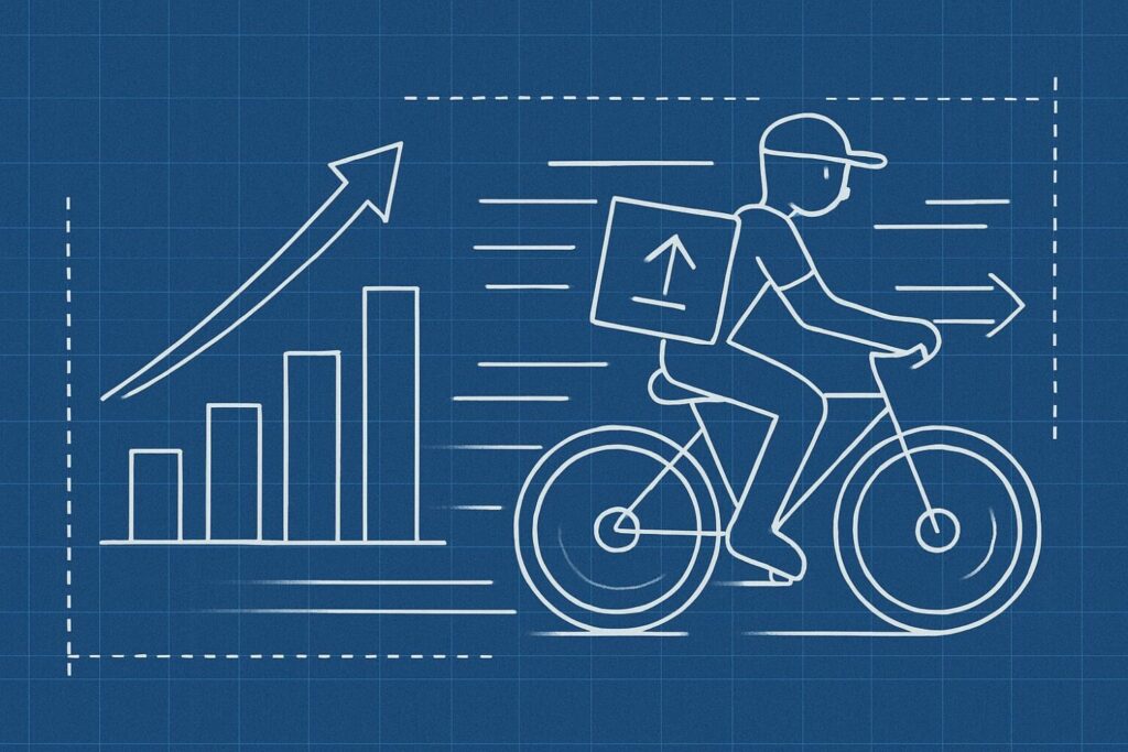 Blueprint diagram of Delivery. Growth chart. Person on bike delivering value. Momentum. Speed.