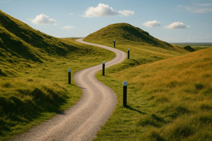 A path winding through hills covered in long grass.